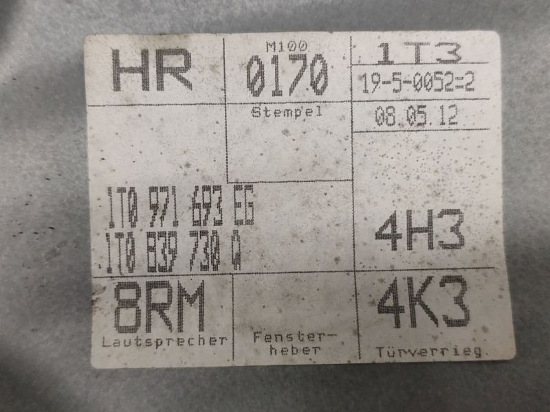 Recambio de elevalunas trasero derecho para volkswagen touran (1t3) 1.6 tdi referencia OEM IAM 1T0971693EG  