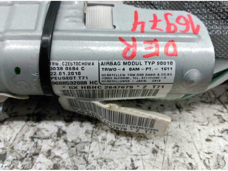 Recambio de airbag cortina delantero derecho para peugeot 308 confort referencia OEM IAM 9688532880  